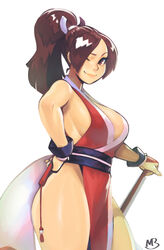  ;) absurdres breasts brown_eyes brown_hair commentary dual_wielding english_commentary eymbee fatal_fury female folded_fan folding_fan from_side hair_ribbon hand_fan high_ponytail highleg highleg_panties highres holding large_breasts lips looking_at_viewer ninja no_bra obi one_eye_closed panties pelvic_curtain ribbon sash shiranui_mai sideboob smash_is_for_good_boys_and_girls smile solo standing the_king_of_fighters thick_thighs thighs underwear white_background 