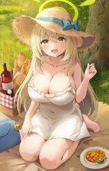  absurdres barefoot blue_archive blush bottle bread breasts cleavage collarbone dress female food fruit grass green_eyes green_halo hair_between_eyes halo hat highres kiwi_(fruit) large_breasts light_brown_hair long_hair looking_at_viewer nonomi_(blue_archive) open_mouth outdoors silverrain_72 smile solo straw_hat sundress toes white_dress 