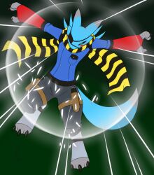  2023 2_fingers 3_toes anthro arctic_fox bandai_namco blue_body blue_fur canid canine clothed clothing diamond_storm diamond_storm_attack digimon digimon_(species) digital_drawing_(artwork) digital_media_(artwork) eye_patch_(marking) facial_markings feet fingers fox fur furball green_pupils head_markings hi_res humanoid male mammal markings patch_(marking) paws pupils rena-martin renamon scarf simple_background solo tail toes true_fox uniform 