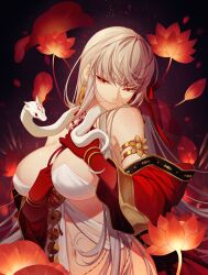  absurdres armlet bare_shoulders bracelet breasts cleavage colored_skin durga_(fate) earrings erchongbaojun fate/grand_order fate_(series) female grey_hair hair_in_own_mouth hair_ribbon highres indian_clothes jewelry large_breasts long_hair lotus_print pelvic_curtain red_eyes red_skin revealing_clothes revision ribbon snake solo white_snake 