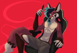  5_fingers anthro blue_eyes blue_hair blue_pawpads boxers_(clothing) canid canine chair claws clothed clothing digital_drawing_(artwork) digital_media_(artwork) drawing_pen esko_(eskofox) eskofox fingers fox fur furniture gaming_chair hair hi_res holding_object long_hair magenta_body magenta_fur male mammal pawpads simple_background sitting smile solo tail teeth topless topless_anthro topless_male underwear white_body white_fur 