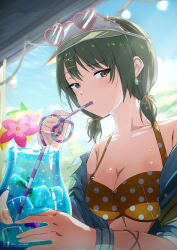  absurdres bikini blush breasts brown_eyes cleavage collarbone commentary_request crazy_straw cup day drinking_straw drinking_straw_in_mouth earrings eyewear_on_head female green_hair highres ice ice_cube idolmaster idolmaster_shiny_colors jewelry looking_at_viewer low_twintails medium_breasts misaki_nonaka nanakusa_nichika orange_bikini outdoors short_hair short_twintails solo sparkle swimsuit twintails visor_cap wet 