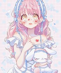  absurdres blue_ribbon blush breasts cleavage closed_eyes commentary dress female frills hairband hand_on_own_chest harusaki_natsune heart highres holding holding_stuffed_toy lace_trim lolita_hairband long_hair open_mouth original pastel_colors pink_hair rabbit ribbon signature small_breasts solo star_(symbol) sticker_on_chest sticker_on_face stuffed_animal stuffed_rabbit stuffed_toy symbol-only_commentary tearing_up tears tears_from_one_eye teeth upper_body upper_teeth_only white_dress white_rabbit_(animal) yellow_eyes 