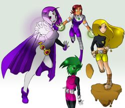  1boy 3girls alien armor beast_boy beast_boy_(dc) belt bike_shorts bindi blonde_hair bodysuit cloak dc_comics flying garfield_logan gloves glowing glowing_eyes green_hair green_skin leotard multiple_girls purple_eyes purple_hair raven_(dc) red_hair rock starfire teen_titans terra_(dc) 