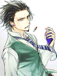  1boy bad_id bad_pixiv_id beard black_hair blue_eyes cigarette commentary_request devil_survivor facial_hair handheld_game_console kamiya_eiji male_focus necktie nintendo_3ds simple_background six_pack64 solo vest white_background 