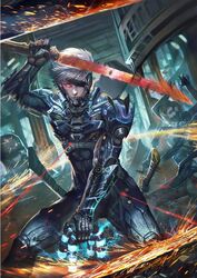  2boys action armor attack bad_drawcrowd_id bad_id battle cable cyborg energy extra_arms eyepatch female glowing glowing_eye holding holding_sword holding_weapon katana laser male_focus mechanical_spine metal_gear_(series) metal_gear_rising:_revengeance mistral_(metal_gear_rising) monsoon_(metal_gear_rising) multiple_boys raiden_(metal_gear) realistic red_eyes science_fiction solo_focus sparks sword wang_chen weapon white_hair 