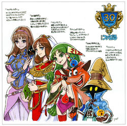  accessory activision alis_landale bandicoot black_mage_(final_fantasy) blue_eyes brown_hair clothing crash_(series) crash_bandicoot crossover featureless_(disambiguation) feena female final_fantasy final_fantasy_ix fingerless_gloves fujisaka_kimihiko gloves grandia green_eyes green_hair group hair hair_accessory hairband handwear hi_res human human_focus japanese_text locoroco looking_at_viewer male mammal marsupial not_furry_focus purple_eyes shadow_face sony_corporation sony_interactive_entertainment square_enix text translation_request vivi_ornitier yellow_eyes 