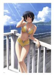  absurdres bikini black_eyes black_hair blue_background breasts cleavage cloud day female hashimoto_takashi highres ichinose_mio light_rays light_smile medium_breasts ocean open_fly outdoors short_hair sky smile solo stairs sunbeam sunlight swimsuit thigh_gap unzipped water white_breath windsurfing yellow_bikini 