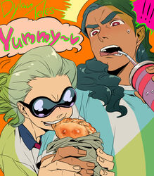  2boys bad_id bad_pixiv_id character_name dylan_keith eating empanada english_text food goggles green_hair heart inazuma_eleven inazuma_eleven_(series) long_hair male_focus multiple_boys open_mouth orange_background red_eyes simple_background soccer_uniform spoken_heart sportswear tei03 teres_tolue the_empire_(inazuma_eleven) unicorn_(inazuma_eleven) upper_body 