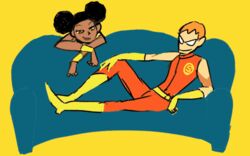  1boy black_hair bumble_bee couch dark_skin dc_comics domino_mask double_bun female karen_beecher mask red_hair roy_harper sitting sleeveless solo speedy teen_titans 