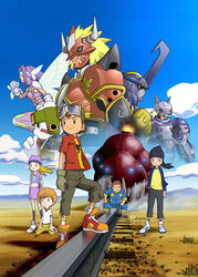  4boys agnimon armor bandana black_hair blitzmon blonde_hair blue_armor blue_bandana blue_eyes blue_footwear blue_jacket blue_jumpsuit blue_legwear brown_eyes brown_hair butterfly_wings chackmon d-scanner digimon digimon_(creature) digimon_frontier digivice dual_persona fairimon female gloves goggles goggles_on_headwear green_eyes green_hat hat himi_tomoki insect_wings jacket jumpsuit kanbara_takuya key_visual kneehighs long_hair minamoto_kouji multiple_boys nakatsuru_katsuyoshi navel oerba_yun_fang official_art orange_footwear orimoto_izumi pink_hat pink_jacket pink_skirt poster_(medium) print_shirt promotional_art purple_hair purple_legwear railroad_tracks red_armor red_jacket scarf shibayama_junpei shirt shoes skirt sneakers socks striped_bandana striped_clothes striped_shirt trailmon trailmon_(worm) white_footwear white_legwear white_shirt wings wolfmon yellow_shirt 