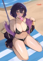  bare_shoulders beach beach_towel bikini black_bikini black_jacket breasts female fire_emblem fire_emblem_awakening food food_in_mouth highres jacket large_breasts long_sleeves morgan_(female)_(fire_emblem) morgan_(fire_emblem) navel off_shoulder popsicle popsicle_in_mouth purple_eyes purple_hair seiza short_hair sitting solo stomach swimsuit thighs towel zet_(twt_zet) 