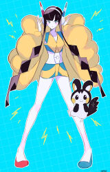  absurdres aqua_background asymmetrical_footwear bare_legs black_hair blunt_bangs blush buckle closed_mouth collarbone commentary_request elesa_(pokemon) emolga female grid_background hands_up headphones highres hunch_(playoneshunch) legs_apart lightning_bolt_symbol looking_at_viewer mismatched_footwear pokemon pokemon_(creature) pokemon_bw2 shirt shoes short_hair_with_long_locks shorts sidelocks standing 