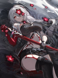  absurdres acheron_(honkai:_star_rail) bare_shoulders belt black_belt black_choker black_coat black_shorts body_markings boots breasts bright_pupils choker cleavage coat coattails colored_extremities commentary criss-cross_halter english_commentary feet_out_of_frame female flower flower_over_eye hair_intakes hair_ornament hair_over_one_eye hair_spread_out halterneck highres holding holding_sword holding_weapon honkai:_star_rail honkai_(series) katana large_breasts long_hair looking_at_viewer lying merchandise_available midriff official_alternate_color on_back parted_lips partially_submerged red_eyes red_flower red_hands red_petals ripples shorts sirina solo sword thigh_boots very_long_hair weapon white_hair white_pupils 