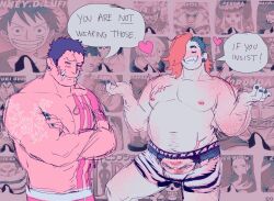  2boys =_= arm_tattoo bara blush_stickers character_print character_print_underwear_(one_piece) charlotte_katakuri chest_tattoo cowboy_shot english_text fat fat_man grin highres large_pectorals male_focus male_underwear maren_(mewtides) mewiyev multiple_boys muscular muscular_male navel navel_hair nipples one_piece pectorals print_male_underwear sharp_teeth short_hair smile sparse_navel_hair standing stitches stomach tattoo teeth topless_male tusks underwear yaoi 