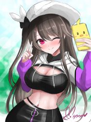  ;) azur_lane black_skirt blush breasts brown_hair cleavage commentary_request crop_top cropped_hoodie female hair_over_one_eye hands_up happy hat hip_focus hisin holding holding_phone hood hoodie large_breasts long_hair long_sleeves medium_breasts midriff navel one_eye_closed outdoors pamiat_merkuria_(azur_lane) pamiat_merkuria_(chic_and_cheeky)_(azur_lane) phone pink_eyes skirt smile solo v very_long_hair 