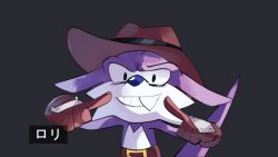  anthro belt clothing cowboy_hat dipodid fang_the_hunter fangs gloves handwear hat headgear headwear hi_res jerboa male mammal plus2sf purple_body rodent sega simple_background solo sonic_the_hedgehog_(series) teeth text translated 