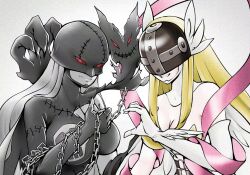  2girls angel angel_and_devil angewomon bare_shoulders black_bodysuit black_mask blonde_hair bodysuit breasts chains cleavage clothing_cutout colored_skin covered_eyes demon_girl digimon glaze_artifacts grey_background grey_hair grey_skin half-heart_hands heart_hands_failure helmet helmet_over_eyes highres ladydevimon large_breasts long_hair multiple_girls ocarianya parted_lips pink_ribbon ribbon simple_background smile stomach_cutout thumbs_up torn_bodysuit torn_clothes white_bodysuit winged_helmet 