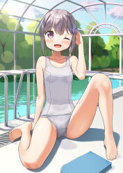  apollo_(hu_maple) barefoot butterfly_hair_ornament commentary_request female glass_ceiling grey_hair hair_ornament highres indoors kickboard looking_at_viewer one-piece_swimsuit one_eye_closed original pool poolside purple_eyes school_swimsuit short_hair sidelocks smile solo swimsuit white_one-piece_swimsuit 