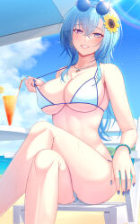  absurdres aogiri_koukou beach beach_chair bikini blue_hair blue_nails bora_(karasumin0) bracelet breasts cloud cocktail collarbone crossed_legs drinking_straw eyewear_on_head female flower food fruit grey_eyes hair_flower hair_ornament harusame_urame heterochromia highres jewelry large_breasts lemon lemon_slice long_hair mole mole_under_eye necklace ocean pink_eyes sitting sky smile solo strap_gap sunflower sunflower_hair_ornament sunglasses swimsuit thighs virtual_youtuber wet white_bikini 