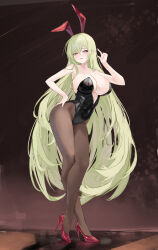  absurdres alternate_costume animal_ears azur_lane black_leotard breasts brown_pantyhose center_opening cleavage crossed_legs fake_animal_ears female full_body green_hair hand_on_own_ass high_heels highres large_breasts leaning_forward leotard long_hair napoli_(azur_lane) pantyhose playboy_bunny rabbit_ears red_eyes red_footwear shoes solo standing suo_bu_ye_feng very_long_hair 