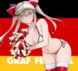  alternate_costume bikini blonde_hair breasts cleavage collarbone female flag_background german_flag graf_zeppelin_(kancolle) grey_eyes hat holding holding_pom_poms kantai_collection large_breasts long_hair navel pom_pom_(cheerleading) red_thighhighs side-tie_bikini_bottom solo swimsuit text_background thighhighs twintails udukikosuke upper_body visor_cap white_background white_hat 