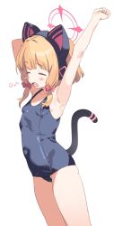  absurdres animal_ear_headphones animal_ears arm_up armpits blonde_hair blue_archive blue_one-piece_swimsuit blush_stickers bow breasts cat_ear_headphones cat_tail closed_eyes commentary fake_animal_ears fake_tail female gogoco hairbow halo hashtag-only_commentary headphones highres momoi_(blue_archive) one-piece_swimsuit open_mouth pink_bow pink_halo school_swimsuit short_hair simple_background small_breasts solo standing swimsuit symbol-only_commentary tail thighs white_background yawning 