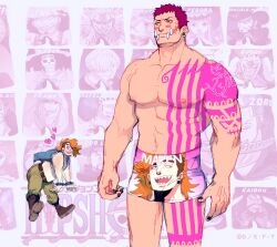  2boys arm_tattoo arms_at_sides bara blush_stickers character_print character_print_underwear_(one_piece) charlotte_katakuri chest_tattoo cowboy_shot heart heart-shaped_pupils highres large_pectorals looking_ahead male_focus male_underwear maren_(mewtides) mewiyev multiple_boys muscular muscular_male navel navel_hair nipples one_piece pectorals print_male_underwear short_hair shy standing stitches stomach symbol-shaped_pupils tattoo topless_male tusks underwear yaoi 