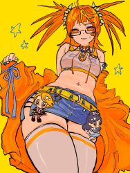  arched_bangs belt blue_nails blue_skirt character_request clenched_teeth copyright_request crop_top female from_below glasses hairband highres jacket jacket_partially_removed looking_at_viewer midriff miniskirt multicolored_hair navel_piercing open_mouth orange_eyes orange_hair orange_jacket piercing pink_tank_top rectangular_eyewear simple_background skindentation skirt sleeves_past_wrists solo spiked_hair spiked_hairband spikes star_(symbol) sweat tank_top teeth thighhighs two-tone_hair w0a25 white_thighhighs yellow_background yellow_belt yellow_nails yellow_pupils 