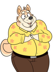  2018 4_fingers anthro beastofeuthanasia belly belt belt_buckle bent_arm black_belt black_eyes black_nose bottomwear brown_bottomwear brown_clothing brown_pants buckle button_(fastener) canid canine canis cheek_tuft chubby_cheeks clothing domestic_dog double_chin dress_shirt eyebrows facial_tuft fingers front_view fur hands_together hi_res juha_(beastofeuthanasia) male mammal mature_anthro mature_male nervous nervous_smile nervous_sweat overweight overweight_anthro overweight_male pants pink_tongue shiba_inu shirt simple_background solo spitz tail tan_body tan_eyebrows tan_fur tan_tail thick_eyebrows tongue topwear tuft white_background yellow_dress_shirt 