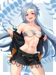  abs back_bow black_shirt black_skirt blue_background bow breasts budget_sarashi bug centipede chest_sarashi feet_out_of_frame female grey_eyes grey_hair highres himemushi_momoyo jewelry kaidama long_hair looking_at_viewer medium_breasts multiple_rings off_shoulder open_clothes open_mouth open_shirt orange_bow ring sarashi shirt simple_background skirt standing touhou undressing very_long_hair 