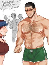  4boys alternate_costume bara beard_stubble black_hair blurry blush breasts bulge buzz_cut depth_of_field dolphin_shorts facial_hair female golden_kamuy hairy highres inkarmat jo_tuesday19 laughing long_sideburns mature_male multiple_boys muscular muscular_male ogata_hyakunosuke partially_colored shiraishi_yoshitake short_hair shorts shy sideburns solo_focus sparse_arm_hair stifled_laugh stubble sugimoto_saichi tanigaki_genjirou thick_chest_hair thick_eyebrows thick_navel_hair topless_male very_short_hair 