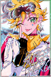  1boy ;p blonde_hair chromatic_aberration commentary_request copyright_name earrings english_text fingerless_gloves gloves goggles goggles_on_head green_eyes highres jewelry kagamine_len male_focus neckerchief one_eye_closed pointing short_hair sodapop_(iemaki) solo spiked_hair star_(symbol) star_earrings super_hero_(vocaloid) superhero_costume tongue tongue_out upper_body vocaloid yellow_nails yellow_neckerchief 