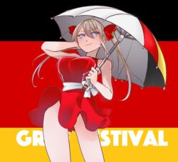  alternate_costume blonde_hair dress female flag_background german_flag graf_zeppelin_(kancolle) grey_eyes holding kantai_collection long_hair multicolored_umbrella race_queen red_dress short_dress sleeveless sleeveless_dress smile solo text_background twintails udukikosuke upper_body 