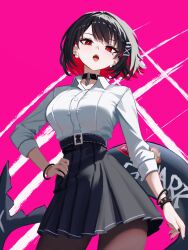  absurdres black_choker black_hair choker colored_inner_hair ellen_joe female highres long_sleeves looking_at_viewer multicolored_hair open_mouth pink_background red_eyes red_hair sharp_teeth shirt short_hair solo teeth white_shirt yan_kodiac zenless_zone_zero 