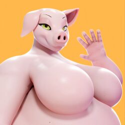  anthro big_breasts breasts domestic_pig ears_down female gesture looking_at_viewer mammal overweight overweight_female pig_nose pivoted_ears snout solo suid suina sus_(pig) waving waving_at_viewer wolke yellow_eyes 