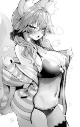  absurdres animal_ear_fluff animal_ears blush bow bow_bra bow_panties bra breasts cleavage commentary fate/extella fate/extra fate_(series) female fingernails fox_ears fox_girl fox_tail greyscale hair_between_eyes hair_ornament hair_scrunchie highres hood hoodie hot huge_breasts long_hair long_sleeves looking_at_viewer monochrome navel oerba_yun_fang open_clothes open_hoodie open_mouth panties scrunchie simple_background skin_fang sleeves_past_wrists solo steaming_body stomach striped_clothes striped_hoodie sweat tail tamamo_(fate) tamamo_no_mae_(fate/extra) tamamo_no_mae_(spring_casual)_(fate) teeth thighhighs thighs underwear wisespeak 