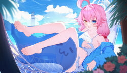  absurdres ahoge barefoot beach bikini bikini_skirt blue_archive blue_eyes blue_hoodie blurry blurry_foreground bush cloud collarbone feet female flat_chest frilled_bikini frills hair_bobbles hair_ornament halo hammock heterochromia highres hood hoodie hoshino_(blue_archive) hoshino_(swimsuit)_(blue_archive) huge_ahoge inflatable_toy inflatable_whale leimimomomo lighthouse long_hair looking_at_viewer low_twintails lying mixed-language_commentary ocean off_shoulder on_back on_hammock open_clothes open_hoodie open_mouth orange_eyes outdoors palm_tree sand smile soles solo swimsuit toes tree twintails water wet white_bikini 