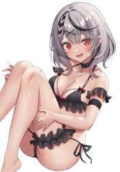  bikini black_collar bow braid collar grey_hair hair_ornament heart_pendant highres hololive looking_at_viewer multicolored_hair pendant_collar red_bow red_eyes sakamata_chloe side-tie_bikini_bottom simple_background sitting streaked_hair swimsuit tooo88 virtual_youtuber white_background x_hair_ornament 