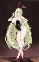  absurdres alternate_costume animal_ears azur_lane black_leotard breasts center_opening cleavage crossed_legs fake_animal_ears female full_body green_hair hand_on_own_ass high_heels highres large_breasts leaning_forward leotard long_hair napoli_(azur_lane) playboy_bunny rabbit_ears red_eyes red_footwear shoes solo standing suo_bu_ye_feng very_long_hair 