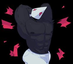  anthro avian bird black_body black_feathers bottomwear clothing darkner deltarune feathers flexing flexing_muscles hi_res male mask muscular muscular_anthro muscular_male pants pose skomnk solo swatchling torn_clothing undertale_(series) white_bottomwear white_clothing white_pants 