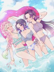  3girls absurdres beach bikini black_hair blue_bikini blush braid breasts closed_eyes highres innertube kanroji_mitsuri kimetsu_no_yaiba kochou_kanae kochou_shinobu long_hair medium_breasts mole mole_under_eye multicolored_hair multiple_girls navel ocean open_mouth pink_hair purple_bikini purple_eyes purple_hair sky_blue_025250 smile stomach swim_ring swimsuit 