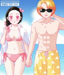  1boy agatsuma_zenitsu bikini black_hair blonde_hair blush female hair_ribbon highres kamado_nezuko kapibarand1 kimetsu_no_yaiba long_hair male_swimwear muscular muscular_male navel nipples open_mouth pink_bikini pink_eyes pink_ribbon ribbon short_hair stomach sunglasses swimsuit topless_male triangle_print yellow_male_swimwear 