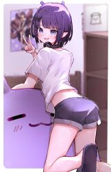  ass bare_legs bean_bag_chair blue_eyes blunt_bangs blurry blurry_background bookshelf border english_commentary female from_behind hair_ornament headphones headphones_around_neck highres hololive hololive_english indoors kneeling leaning_forward looking_at_viewer looking_back ma_draws mole mole_under_eye ninomae_ina&#039;nis ninomae_ina&#039;nis_(1st_costume) ninomae_ina&#039;nis_(loungewear) official_alternate_costume official_alternate_hair_length official_alternate_hairstyle open_mouth pointy_ears poster_(object) purple_hair shirt short_hair short_shorts short_sleeves shorts signature slippers solo t-shirt takodachi_(ninomae_ina&#039;nis) v virtual_youtuber white_border white_shirt whiteboard 