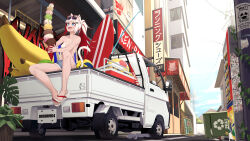  absurdres animal_ears ball banana_boat baseball_bat beach_chair beachball bikini blue_eyes blue_shorts breasts building cat_ears cat_girl colored_inner_hair cooler eyewear_on_head feline female fishing_rod food fruit graffiti highres holding holding_food holding_ice_cream ice_cream long_hair mikan_(renyan) motor_vehicle multicolored_hair on_vehicle open_mouth original p-san_(sansin) plant ponytail poster_(object) red_hair sandals short_shorts shorts sitting small_breasts solo sticker streaked_hair sunglasses surfboard swimsuit vending_machine volleyball watermelon white_bikini white_footwear white_hair 