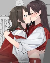  2girls anger_vein bang_dream! bang_dream!_it&#039;s_mygo!!!!! black_hair blush brown_hair closed_eyes clothes_lift commentary_request french_kiss green_eyes gym_uniform hair_behind_ear highres jacket kissing long_hair looking_at_another medium_hair mole mole_under_eye multiple_girls nanami_(nunnun_0410) red_jacket red_shorts shiina_taki shirt shirt_lift shorts spoken_anger_vein sweat white_shirt yahata_umiri yuri 