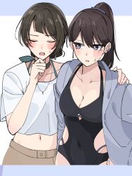  2girls bang_dream! bang_dream!_it&#039;s_mygo!!!!! black_one-piece_swimsuit blue_jacket blush breasts cleavage closed_eyes collarbone commentary_request covered_navel cropped_shirt earclip earrings hair_between_eyes halterneck highres jacket jewelry long_hair medium_breasts midriff mole mole_under_eye multiple_girls nanami_(nunnun_0410) official_alternate_costume one-piece_swimsuit open_clothes open_jacket open_mouth ponytail purple_eyes shiina_taki shirt short_hair stud_earrings sweatdrop swimsuit swimsuit_under_clothes textless_version white_shirt yahata_umiri 