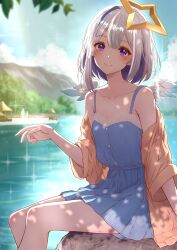  amane_kanata angel angel_wings asymmetrical_hair bare_shoulders blue_dress blue_hair blue_sky blue_wings blurry blurry_background blurry_foreground blush bob_cut boulder branch breasts brown_jacket closed_mouth cloud collarbone colored_inner_hair commentary cumulonimbus_cloud dappled_sunlight depth_of_field dress feathered_wings feet_out_of_frame female foliage from_side gradient_wings hair_between_eyes halo hand_up head_tilt highres hololive hut jacket lace-trimmed_dress lace_trim lake leaf looking_at_viewer looking_to_the_side mikan_mizu mini_wings mountainous_horizon multicolored_hair multicolored_wings off_shoulder on_rock open_clothes open_jacket outdoors people pink_hair purple_eyes rock short_hair short_sleeves single_hair_intake single_sidelock sitting sitting_on_rock sky sleeveless sleeveless_dress small_breasts smile solo spaghetti_strap sparkle star_halo streaked_hair sundress sunlight virtual_youtuber white_hair white_wings wings 