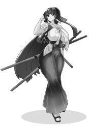  arm_up blunt_bangs blunt_ends breasts commentary_request earrings female greyscale hakama hakama_pants hand_in_own_hair high_ponytail highres hime_cut japanese_clothes jewelry kimono kodachi korean_commentary large_breasts lazy_ant long_hair looking_at_viewer monochrome multiple_swords ootachi original pants samurai sandals shadow sheath sheathed short_sword sidelocks simple_background sleeves_rolled_up socks solo standing straight_hair sword tabi tachi_(weapon) tassel tassel_earrings very_long_hair weapon white_background zouri 