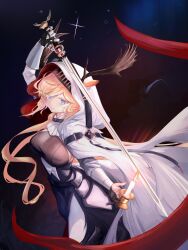  absurdres arknights arm_up ascot blonde_hair blue_eyes breasts candle cape female hair_between_eyes highres holding holding_candle holding_sword holding_weapon horns knight large_breasts long_hair noirl simple_background solo sparkle sword viviana_(arknights) weapon white_ascot white_cape 